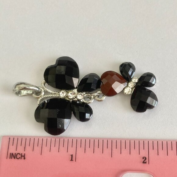 Vintage Black Acrylic Butterfly Necklace Pendant Silver Plated Jeweled Cut 18" - Picture 7 of 8